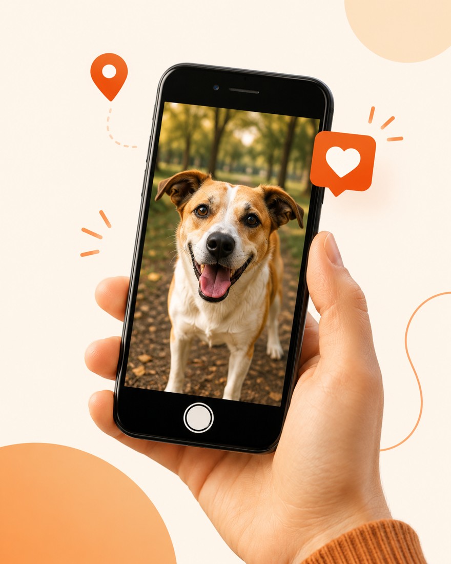 Mano sosteniendo un celular con la foto de un perro buscando a su familia